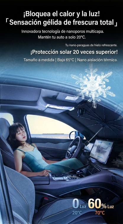 Parasol Retráctil Tipo Paraguas para Auto Protección UV Bloqueo de Calor y Fácil Guardado