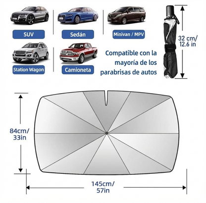 Parasol Retráctil Tipo Paraguas para Auto Protección UV Bloqueo de Calor y Fácil Guardado